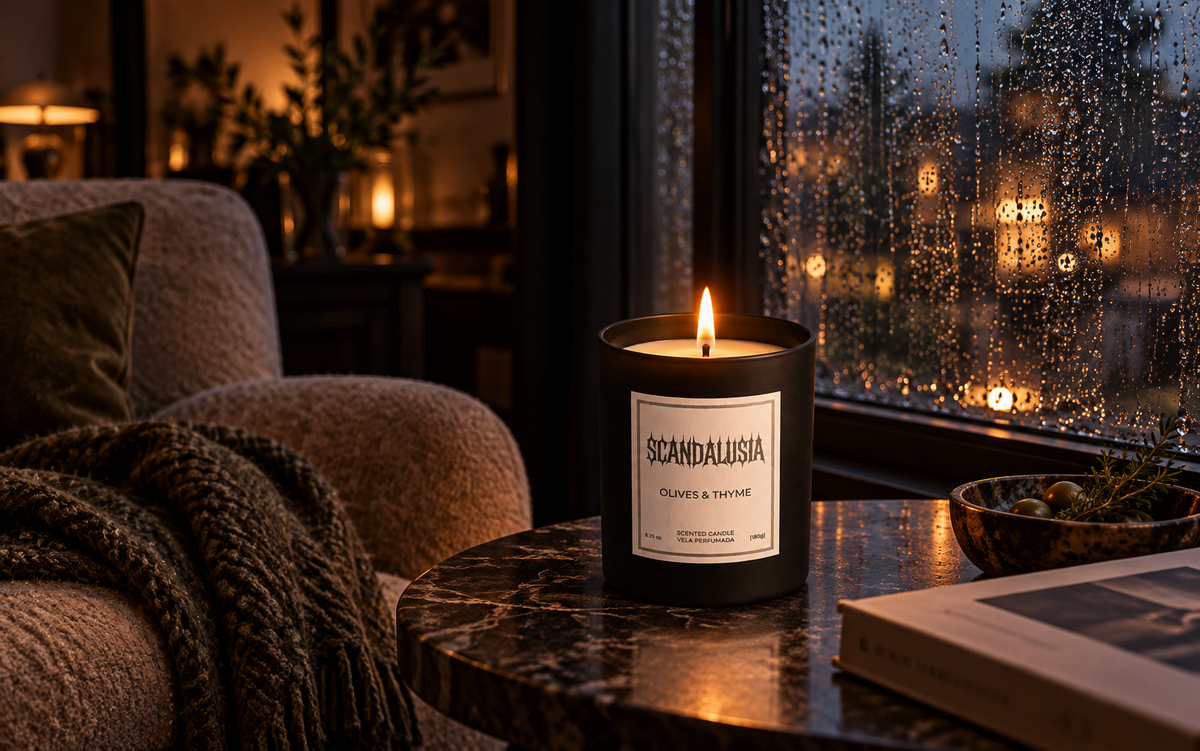 scented candle in a cozy house while raining outside